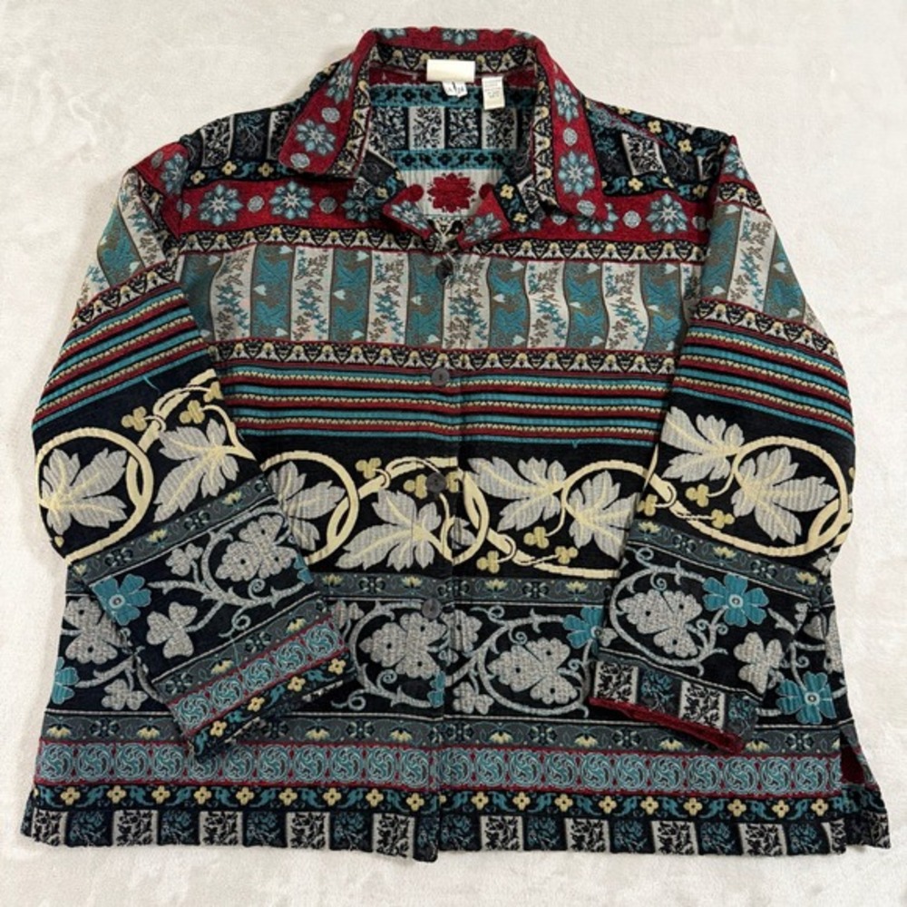 Vintage Chicos Design Tapestry‎ Jacket Womens Size 3 XL Floral Woven Boho